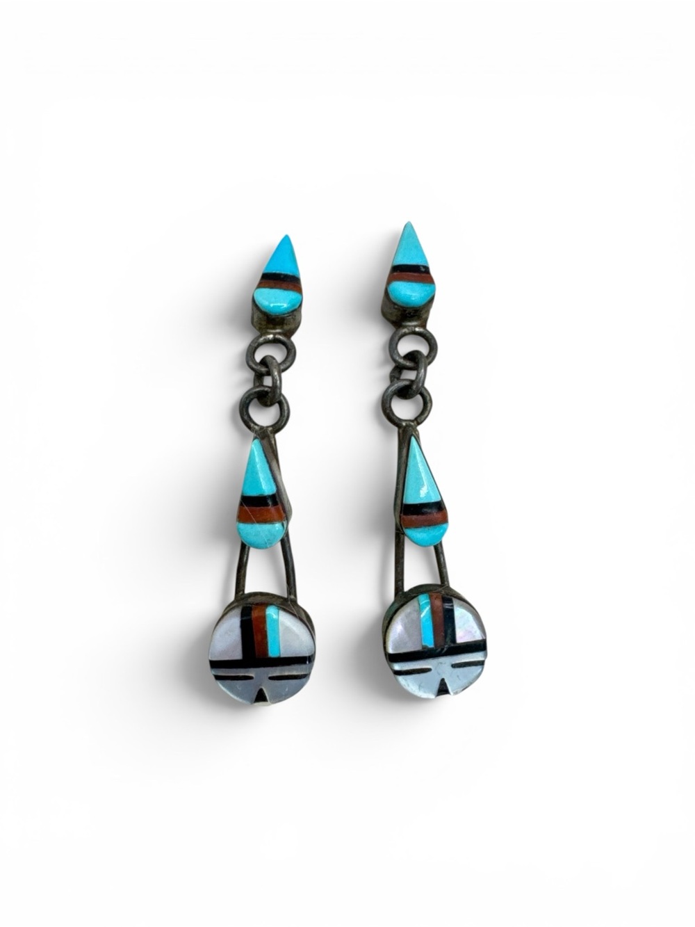 Vintage Sterling Silver Zuni Inlayed Stone Dangle Post Earrings 1.75”